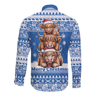 Scotland Highland Cow Christmas Long Sleeve Button Shirt Nollaig Chridheil Blue Winter - Wonder Print Shop