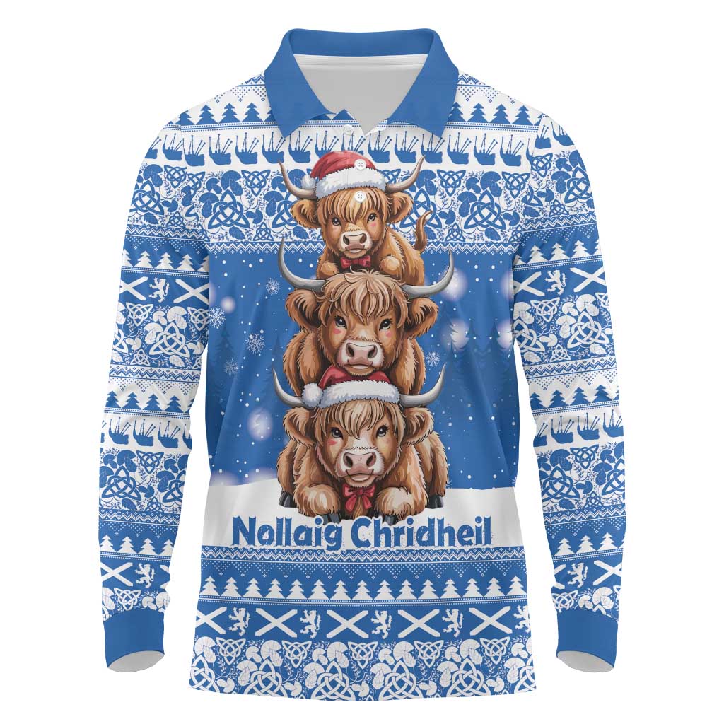 Scotland Highland Cow Christmas Long Sleeve Polo Shirt Nollaig Chridheil Blue Winter - Wonder Print Shop