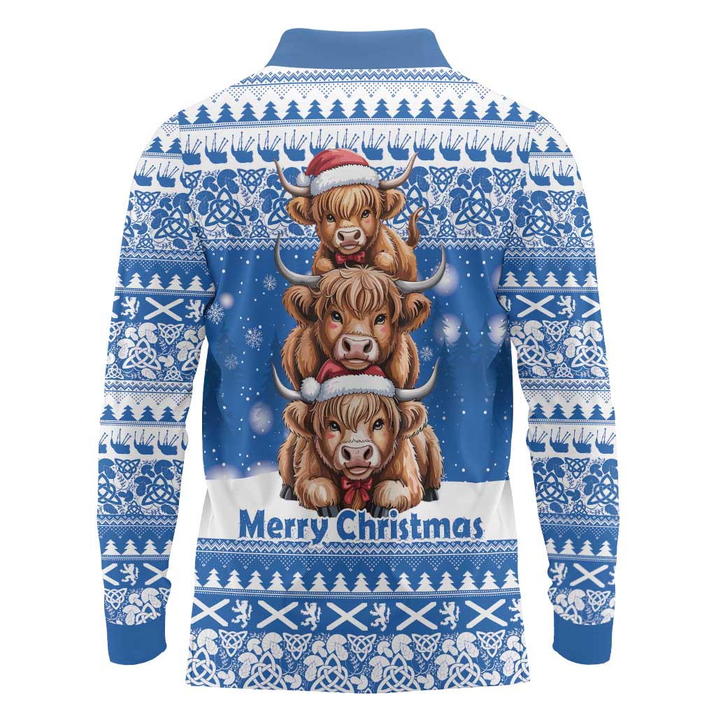 Scotland Highland Cow Christmas Long Sleeve Polo Shirt Nollaig Chridheil Blue Winter - Wonder Print Shop