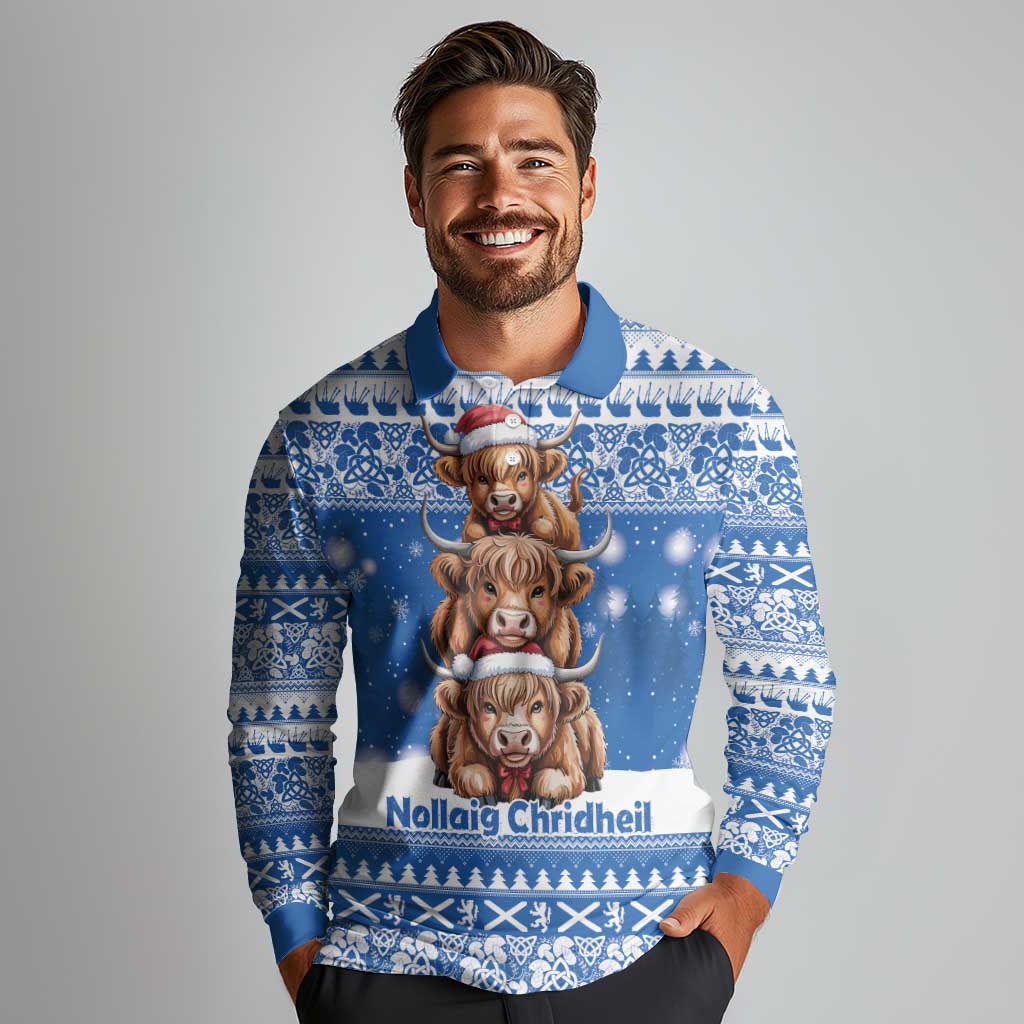 Scotland Highland Cow Christmas Long Sleeve Polo Shirt Nollaig Chridheil Blue Winter - Wonder Print Shop