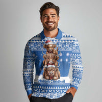 Scotland Highland Cow Christmas Long Sleeve Polo Shirt Nollaig Chridheil Blue Winter - Wonder Print Shop
