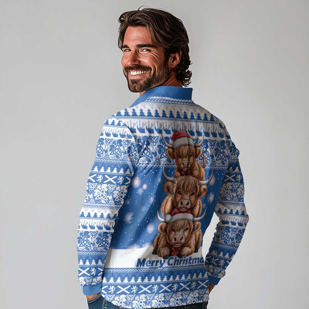 Scotland Highland Cow Christmas Long Sleeve Polo Shirt Nollaig Chridheil Blue Winter - Wonder Print Shop