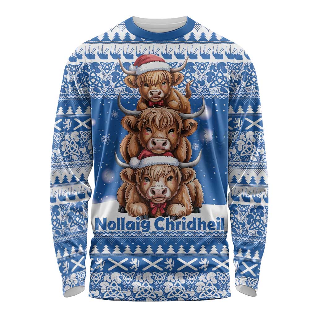 Scotland Highland Cow Christmas Long Sleeve Shirt Nollaig Chridheil Blue Winter - Wonder Print Shop