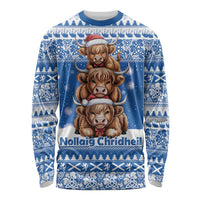 Scotland Highland Cow Christmas Long Sleeve Shirt Nollaig Chridheil Blue Winter - Wonder Print Shop