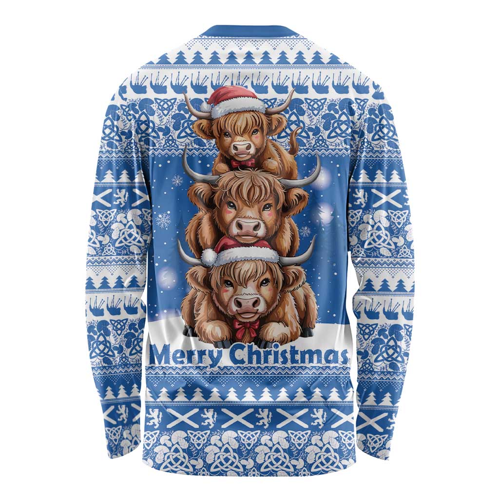 Scotland Highland Cow Christmas Long Sleeve Shirt Nollaig Chridheil Blue Winter - Wonder Print Shop