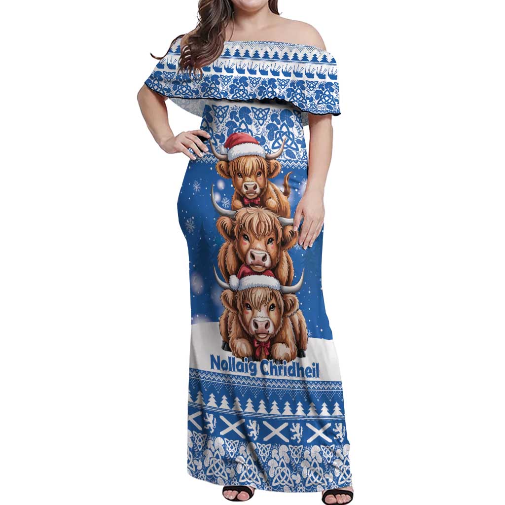 Scotland Highland Cow Christmas Off Shoulder Maxi Dress Nollaig Chridheil Blue Winter - Wonder Print Shop