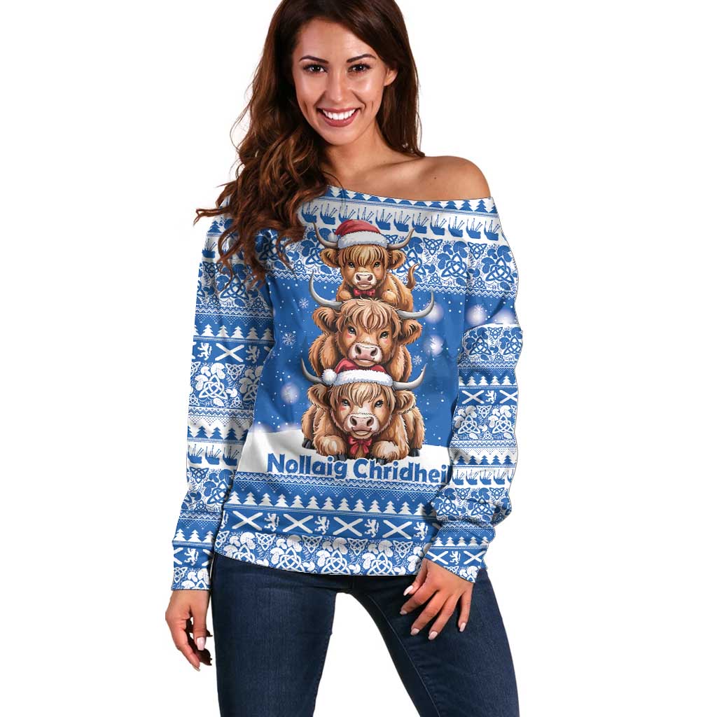 Scotland Highland Cow Christmas Off Shoulder Sweater Nollaig Chridheil Blue Winter - Wonder Print Shop