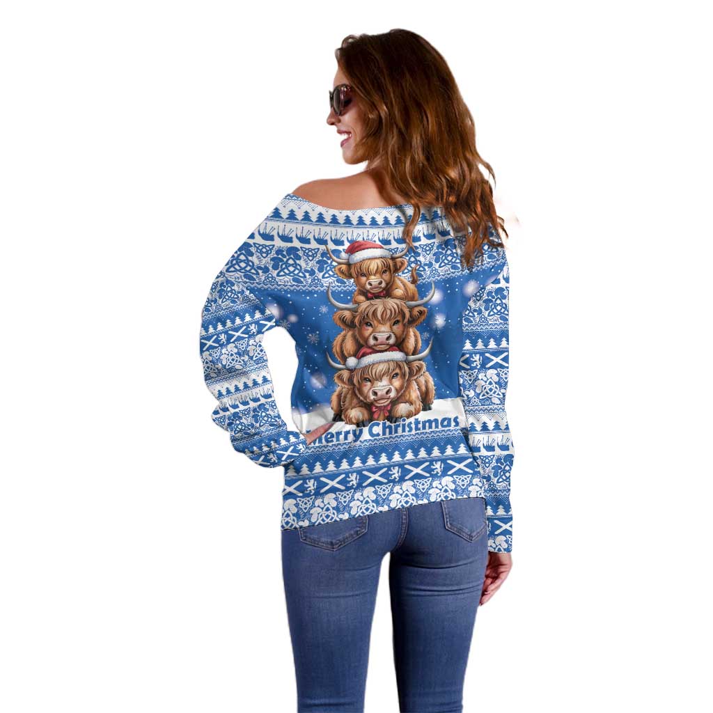 Scotland Highland Cow Christmas Off Shoulder Sweater Nollaig Chridheil Blue Winter - Wonder Print Shop
