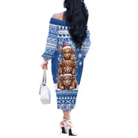 Scotland Highland Cow Christmas Off The Shoulder Long Sleeve Dress Nollaig Chridheil Blue Winter - Wonder Print Shop