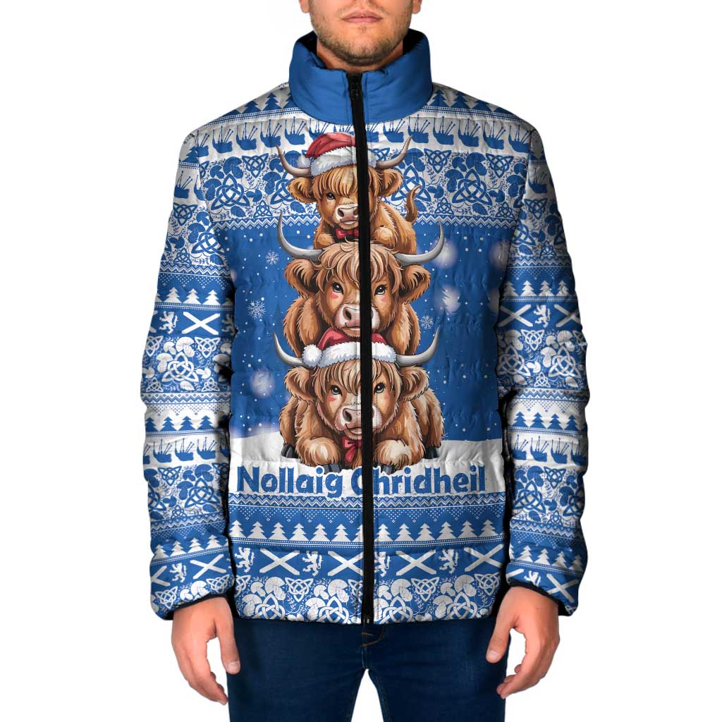 Scotland Highland Cow Christmas Padded Jacket Nollaig Chridheil Blue Winter - Wonder Print Shop