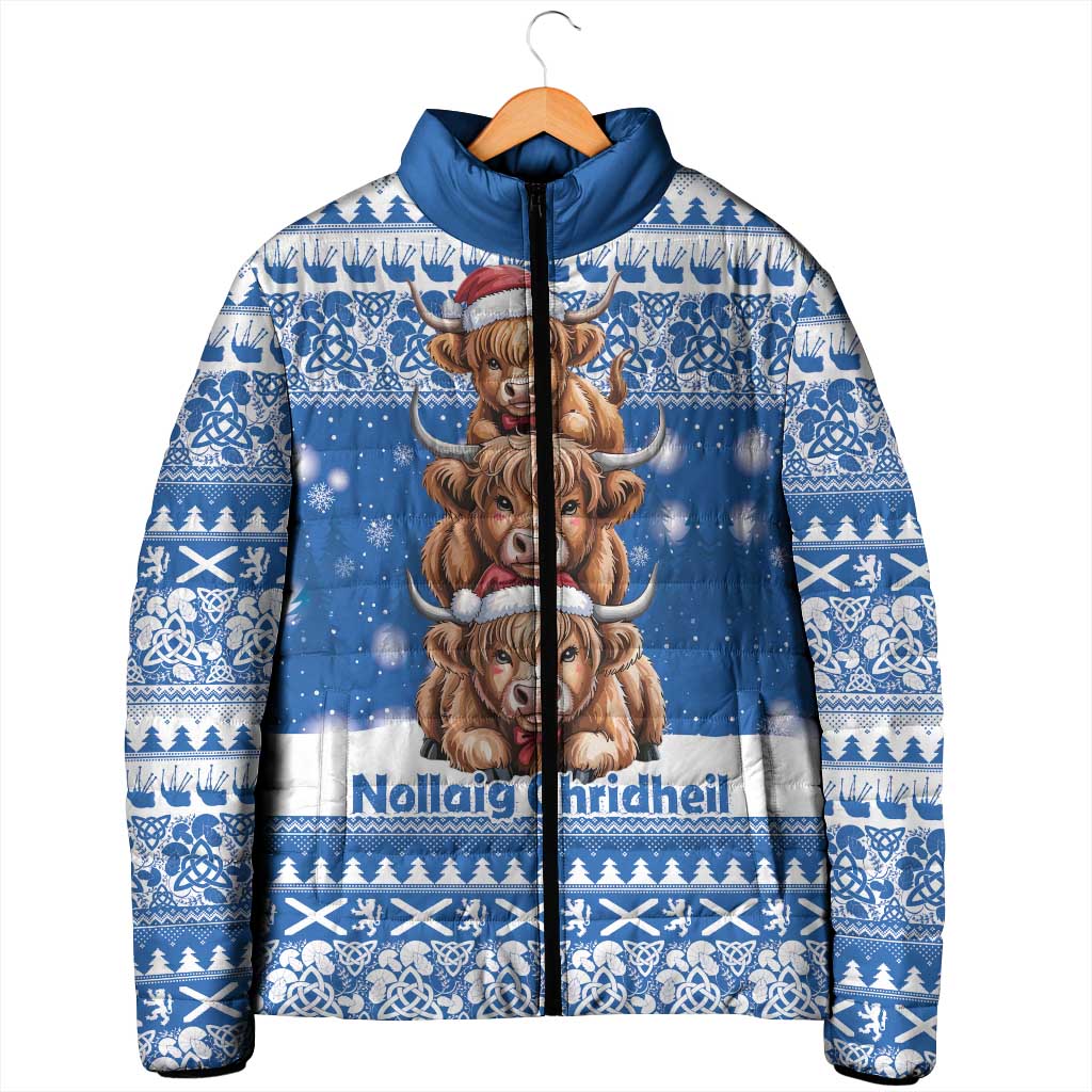Scotland Highland Cow Christmas Padded Jacket Nollaig Chridheil Blue Winter - Wonder Print Shop