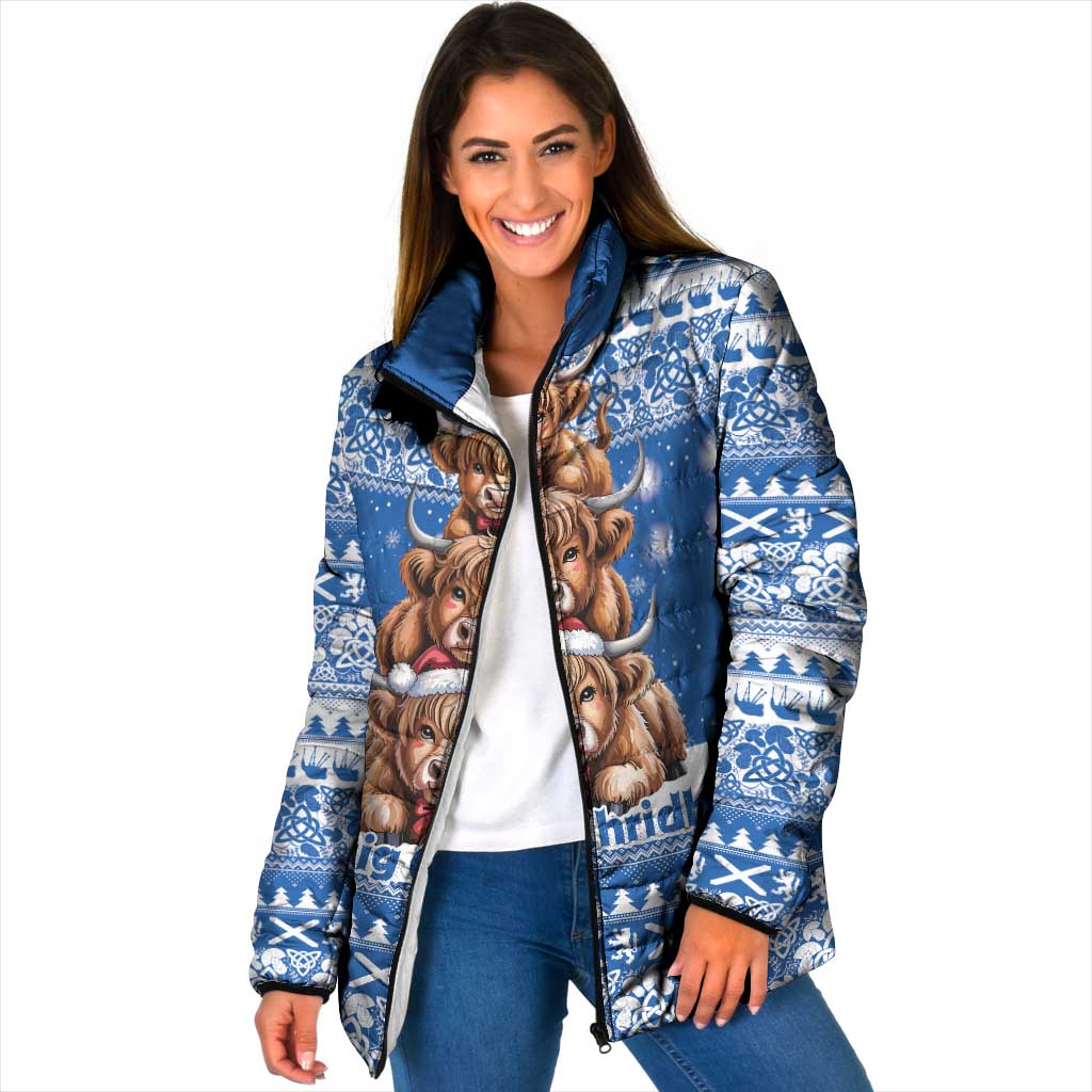 Scotland Highland Cow Christmas Padded Jacket Nollaig Chridheil Blue Winter - Wonder Print Shop