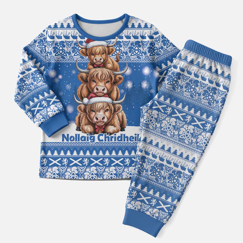 Scotland Highland Cow Christmas Pajama Set Nollaig Chridheil Blue Winter - Wonder Print Shop