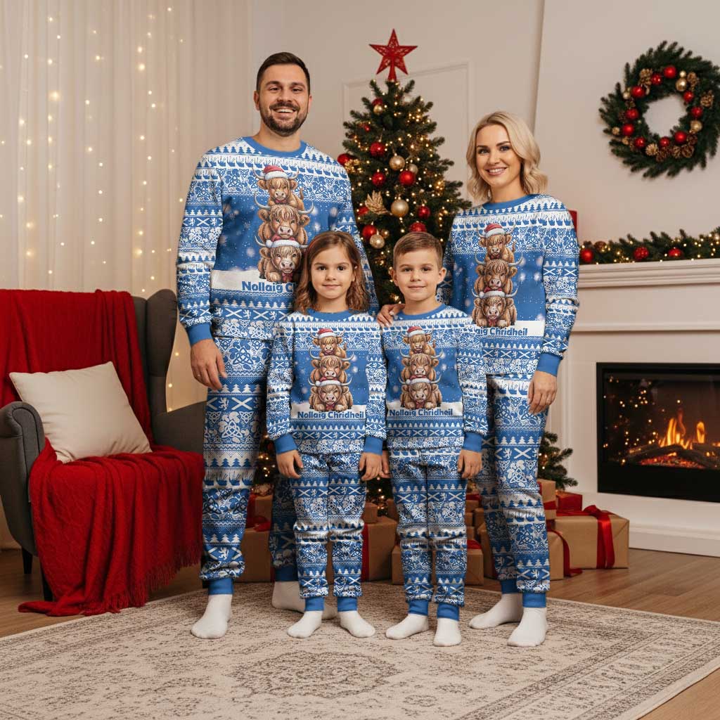 Scotland Highland Cow Christmas Pajama Set Nollaig Chridheil Blue Winter - Wonder Print Shop