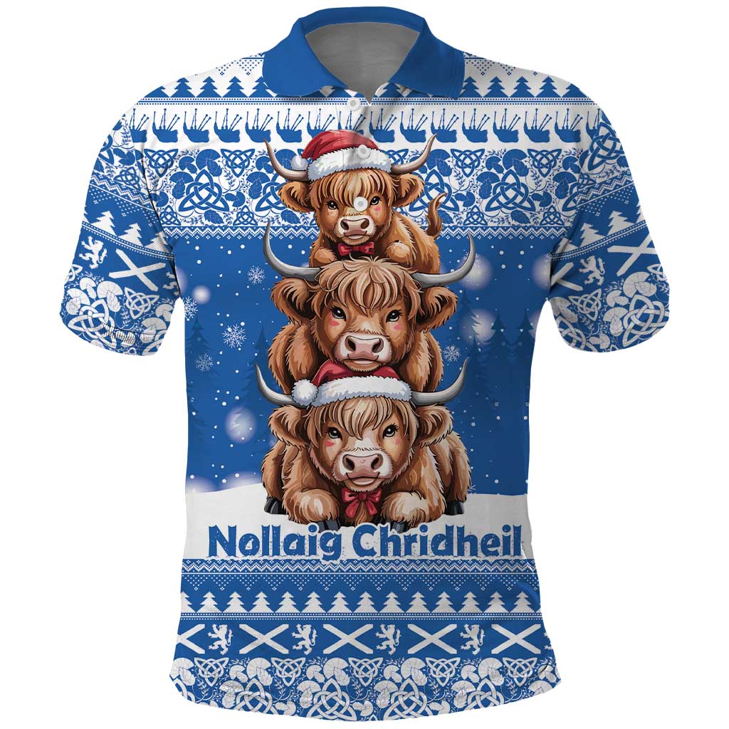 Scotland Highland Cow Christmas Polo Shirt Nollaig Chridheil Blue Winter - Wonder Print Shop