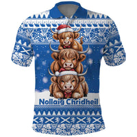 Scotland Highland Cow Christmas Polo Shirt Nollaig Chridheil Blue Winter - Wonder Print Shop