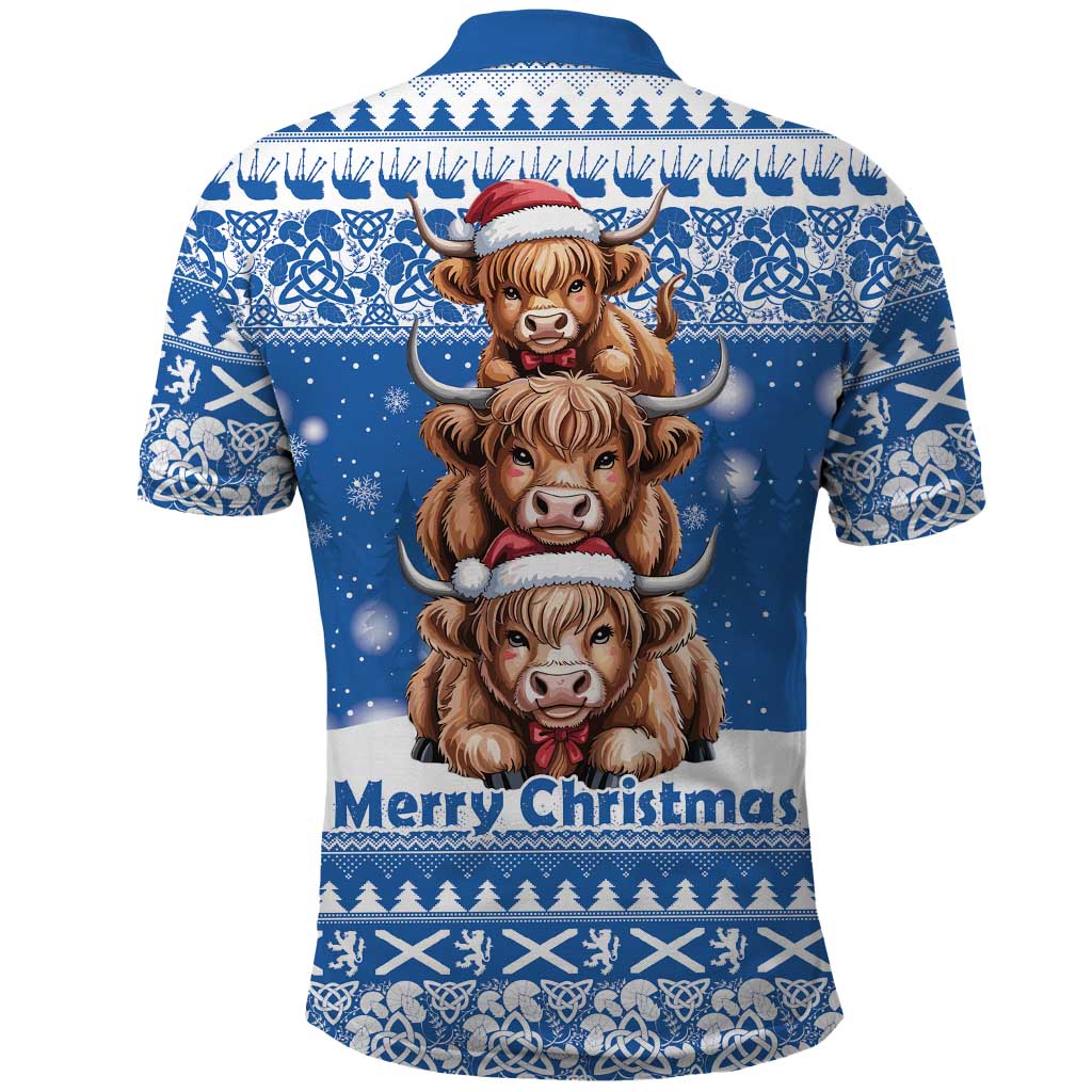 Scotland Highland Cow Christmas Polo Shirt Nollaig Chridheil Blue Winter - Wonder Print Shop