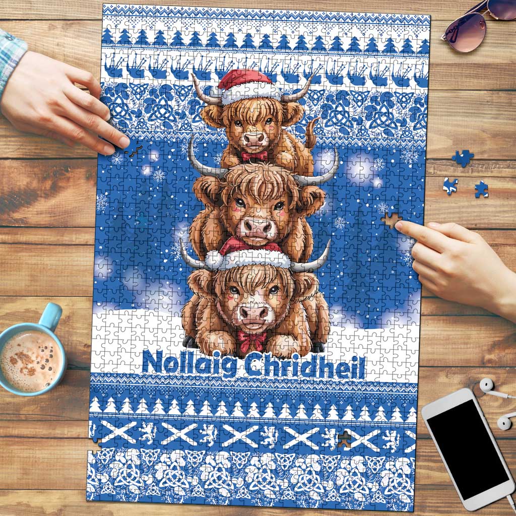 Scotland Highland Cow Christmas Puzzle Nollaig Chridheil Blue Winter - Wonder Print Shop