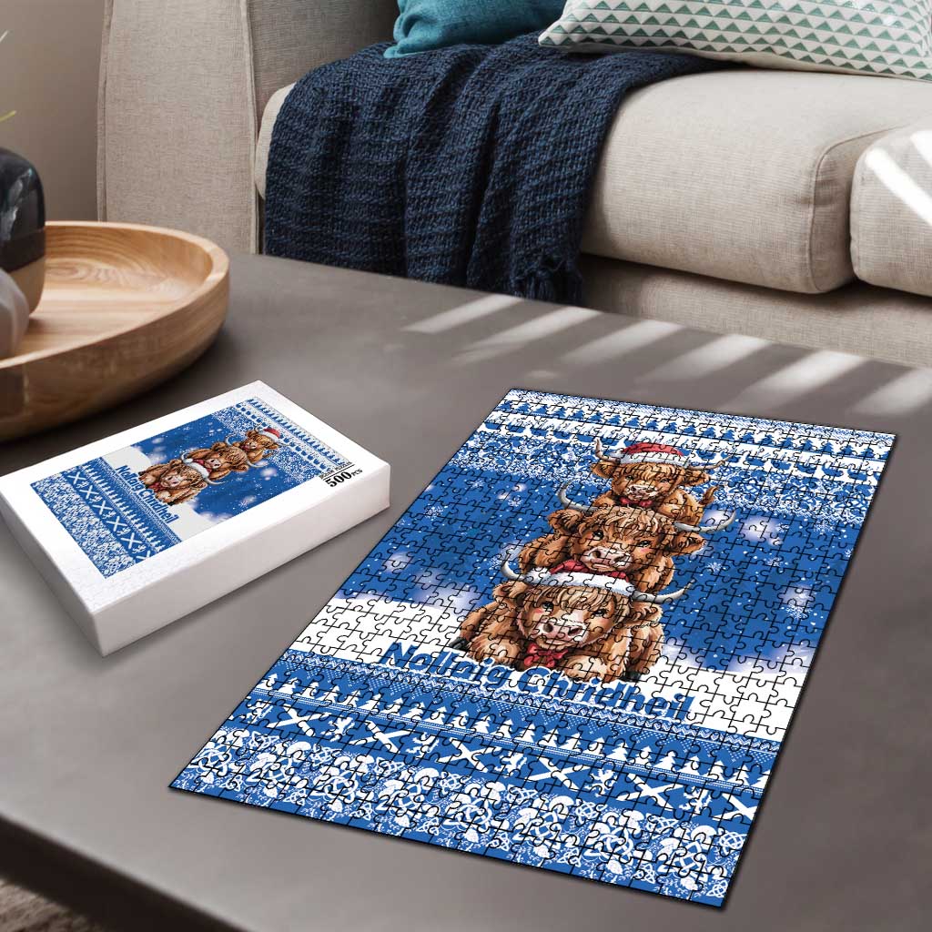 Scotland Highland Cow Christmas Puzzle Nollaig Chridheil Blue Winter - Wonder Print Shop