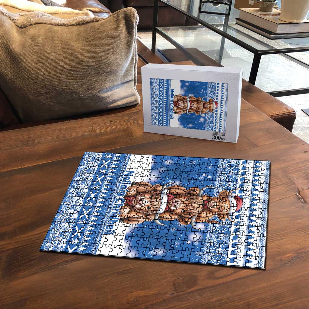 Scotland Highland Cow Christmas Puzzle Nollaig Chridheil Blue Winter - Wonder Print Shop