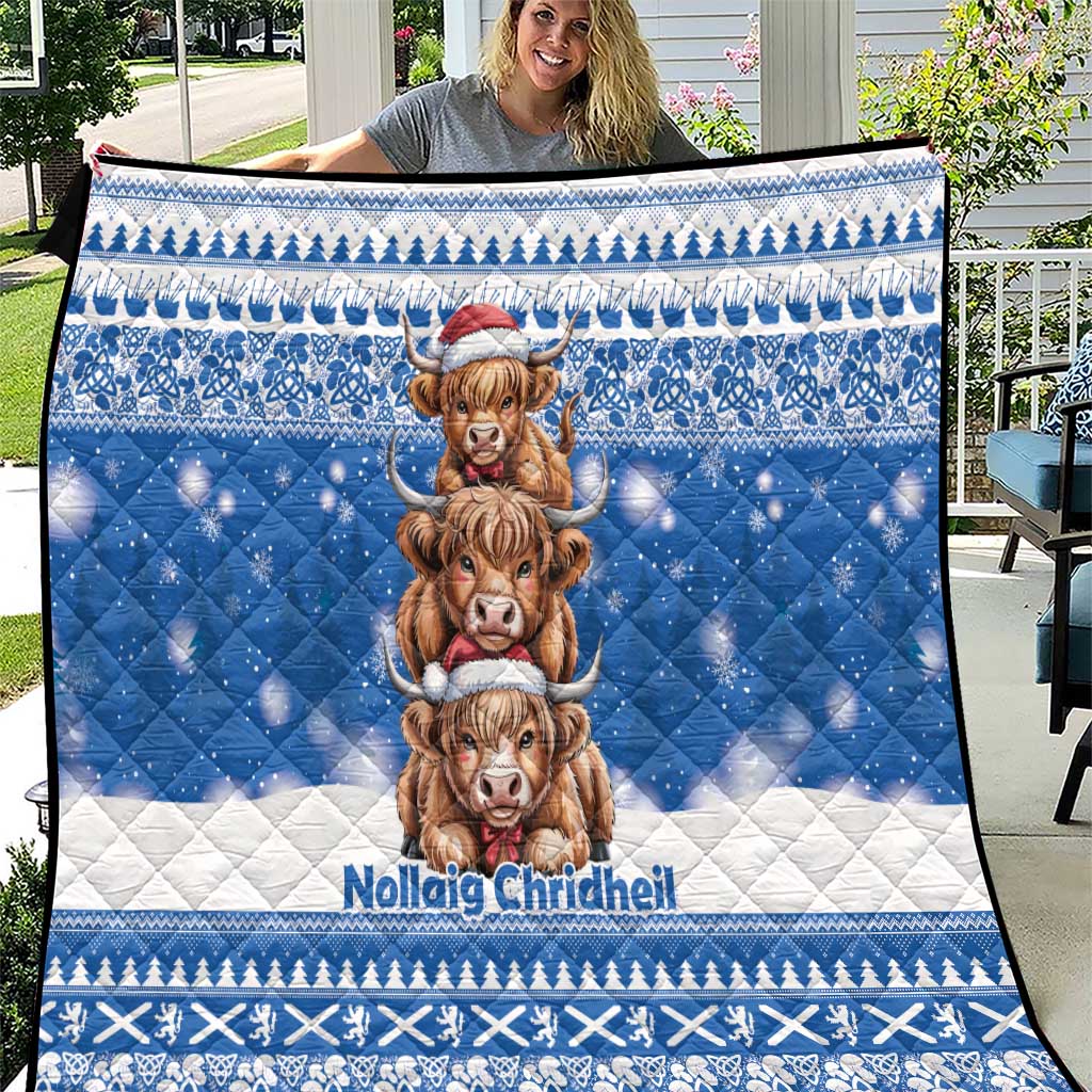 Scotland Highland Cow Christmas Quilt Nollaig Chridheil Blue Winter - Wonder Print Shop