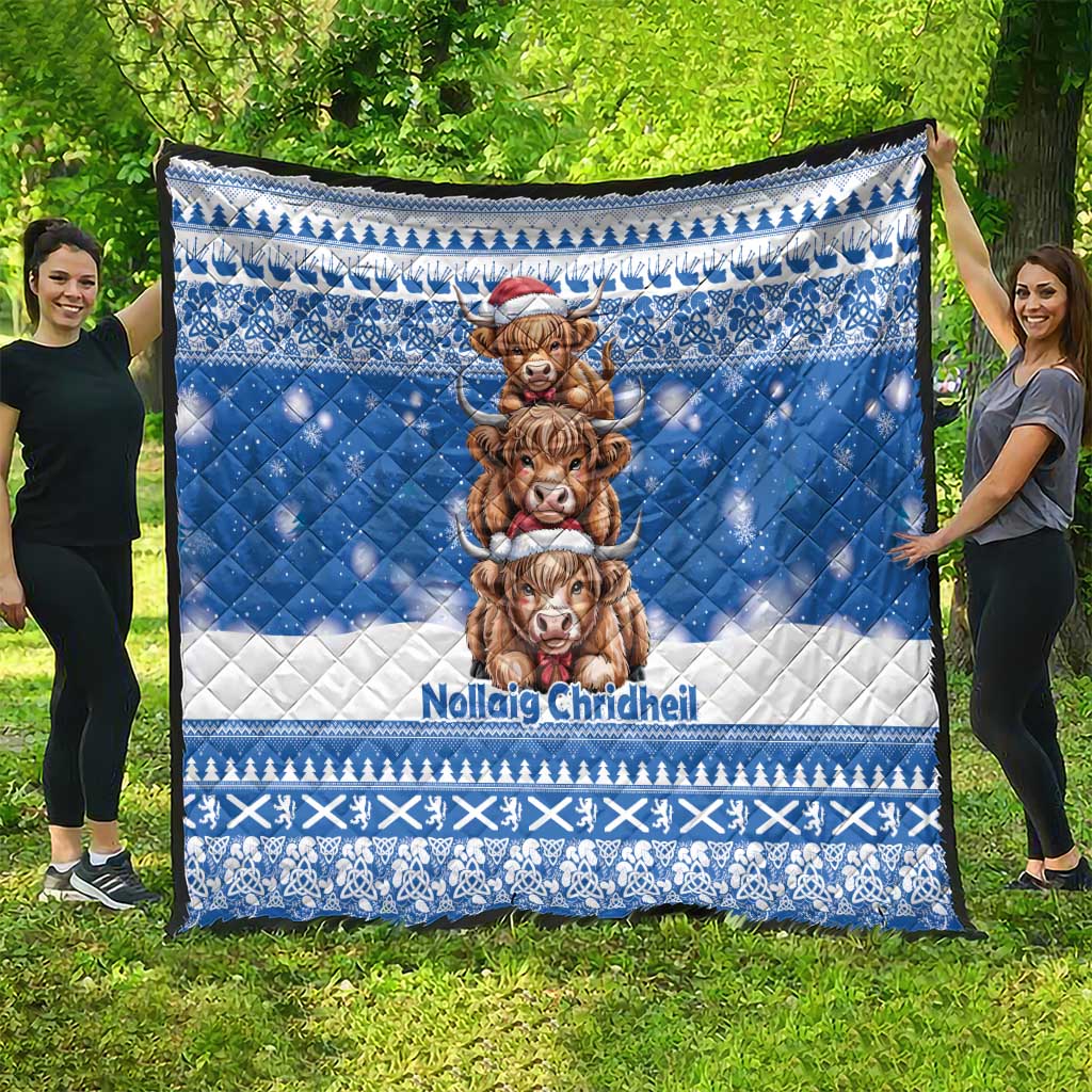 Scotland Highland Cow Christmas Quilt Nollaig Chridheil Blue Winter - Wonder Print Shop