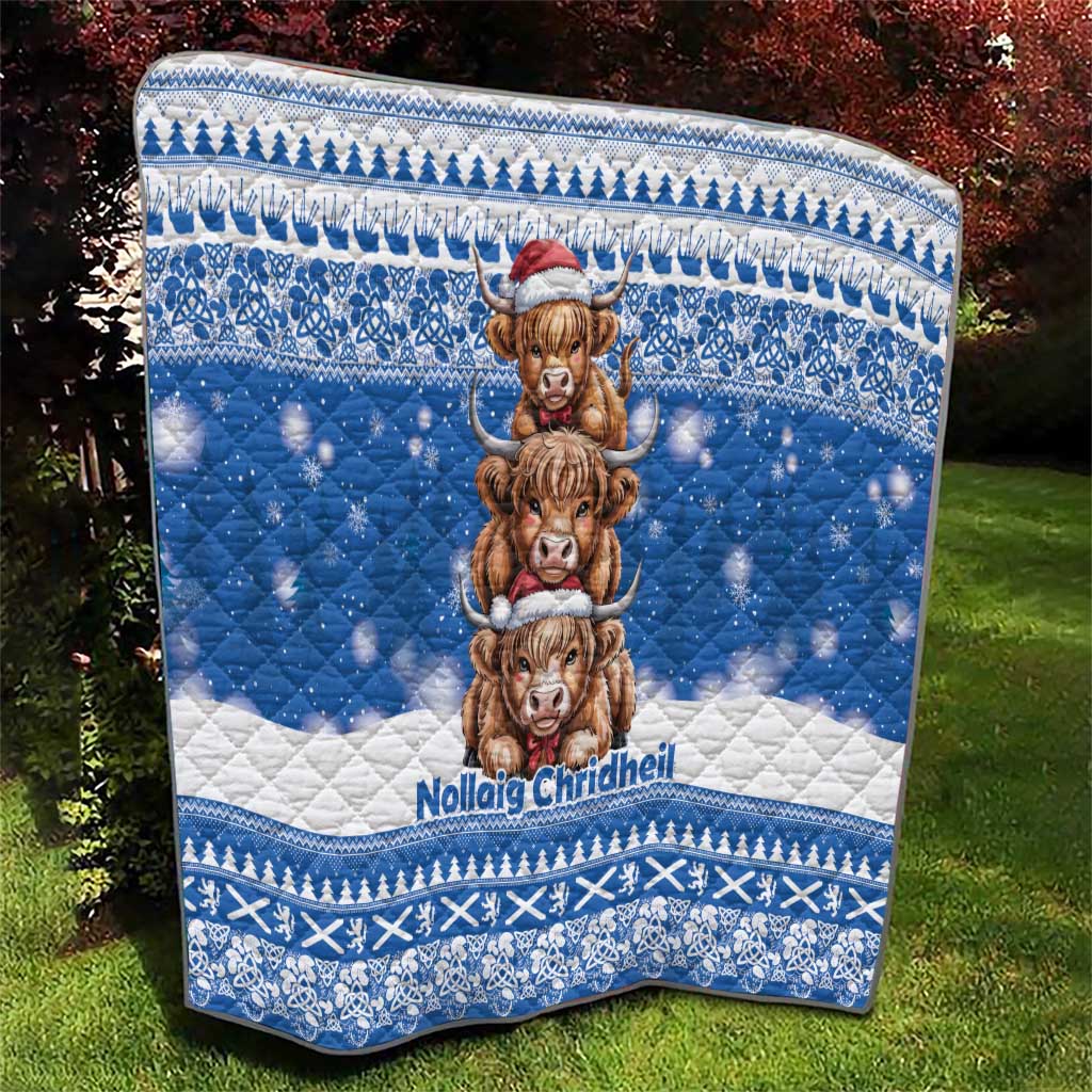 Scotland Highland Cow Christmas Quilt Nollaig Chridheil Blue Winter - Wonder Print Shop
