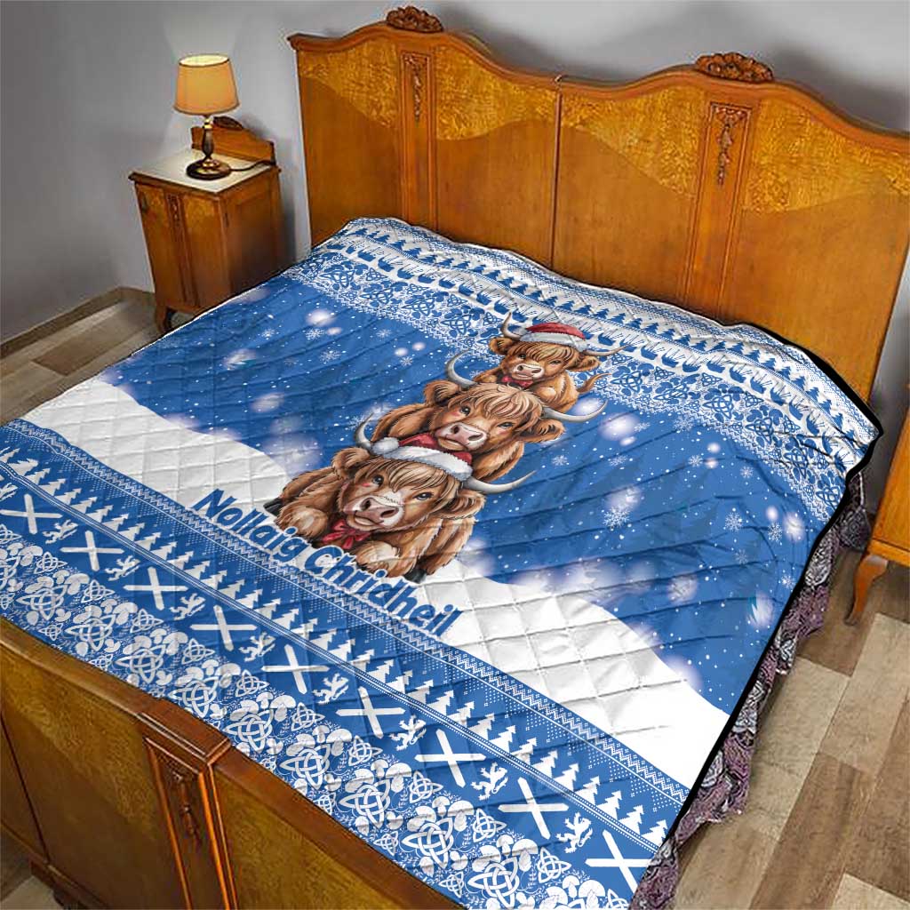 Scotland Highland Cow Christmas Quilt Nollaig Chridheil Blue Winter - Wonder Print Shop