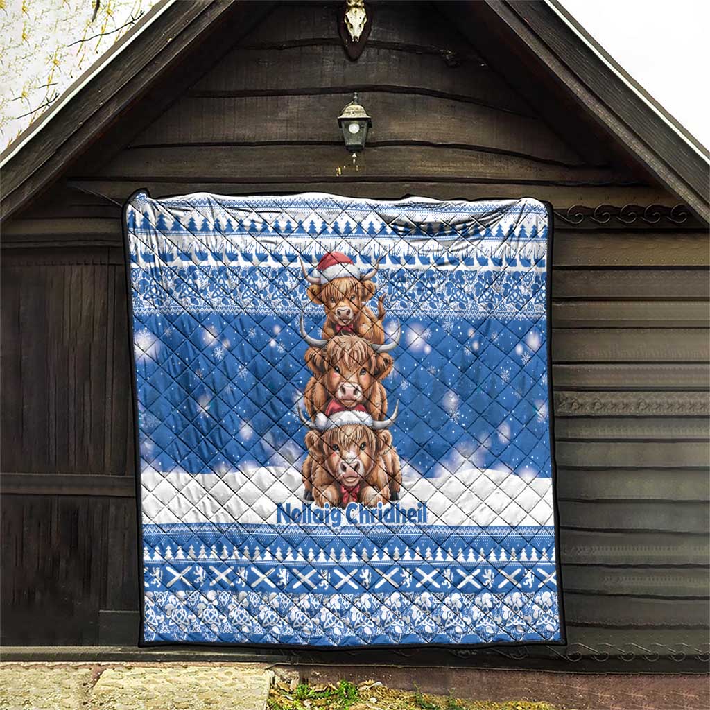 Scotland Highland Cow Christmas Quilt Nollaig Chridheil Blue Winter - Wonder Print Shop