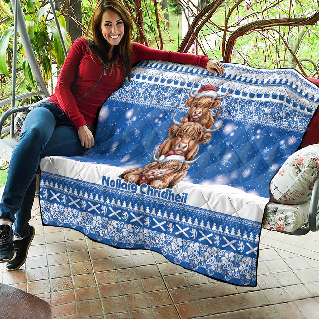 Scotland Highland Cow Christmas Quilt Nollaig Chridheil Blue Winter - Wonder Print Shop