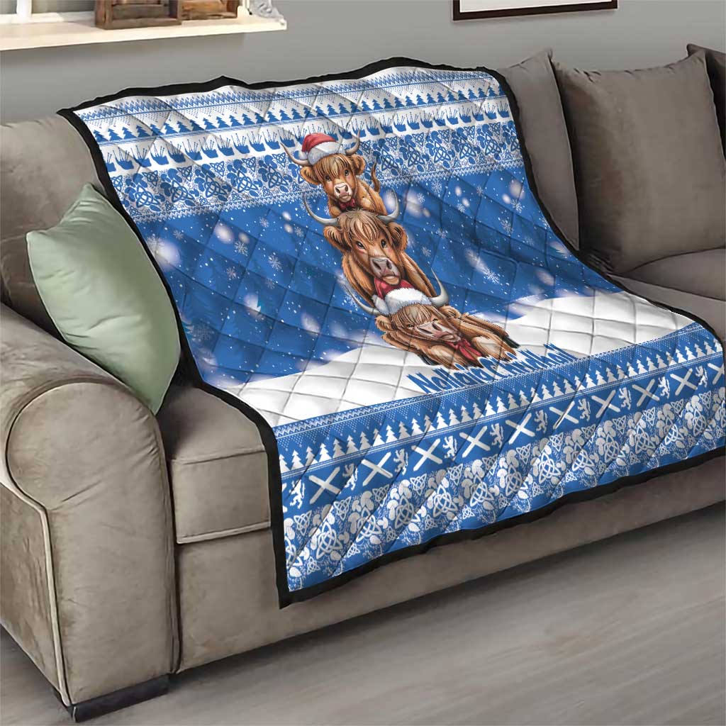 Scotland Highland Cow Christmas Quilt Nollaig Chridheil Blue Winter - Wonder Print Shop