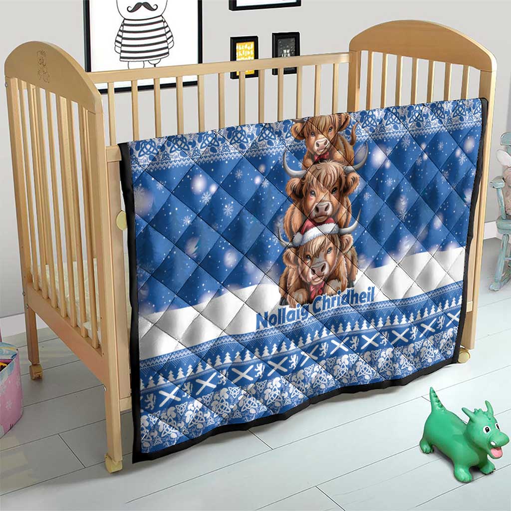 Scotland Highland Cow Christmas Quilt Nollaig Chridheil Blue Winter - Wonder Print Shop