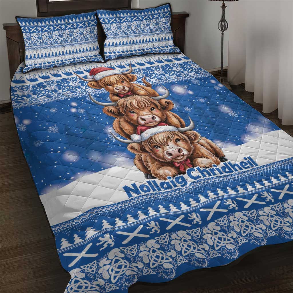 Scotland Highland Cow Christmas Quilt Bed Set Nollaig Chridheil Blue Winter - Wonder Print Shop