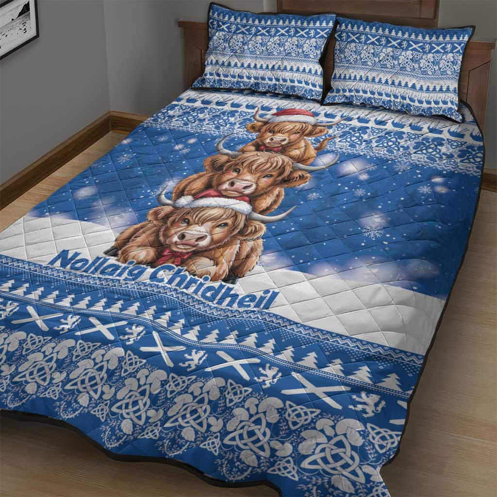 Scotland Highland Cow Christmas Quilt Bed Set Nollaig Chridheil Blue Winter - Wonder Print Shop