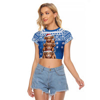 Scotland Highland Cow Christmas Raglan Cropped T Shirt Nollaig Chridheil Blue Winter - Wonder Print Shop