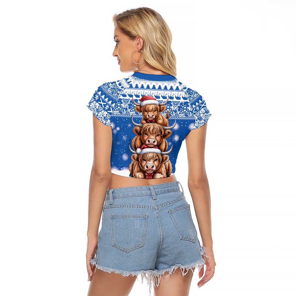 Scotland Highland Cow Christmas Raglan Cropped T Shirt Nollaig Chridheil Blue Winter - Wonder Print Shop