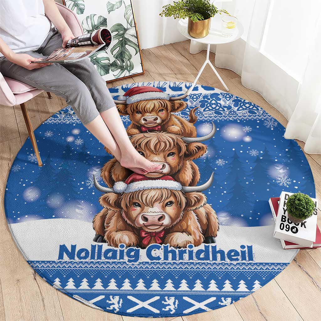 Scotland Highland Cow Christmas Round Carpet Nollaig Chridheil Blue Winter - Wonder Print Shop