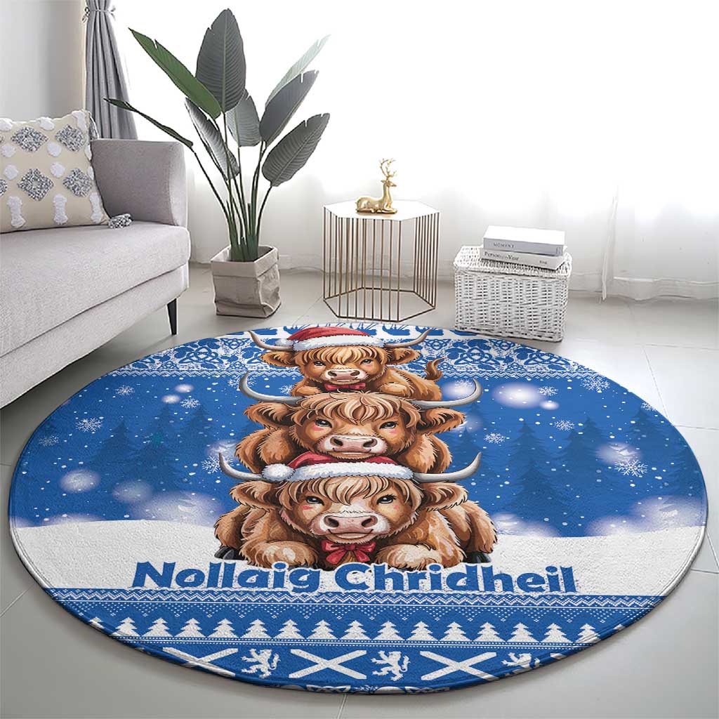 Scotland Highland Cow Christmas Round Carpet Nollaig Chridheil Blue Winter - Wonder Print Shop