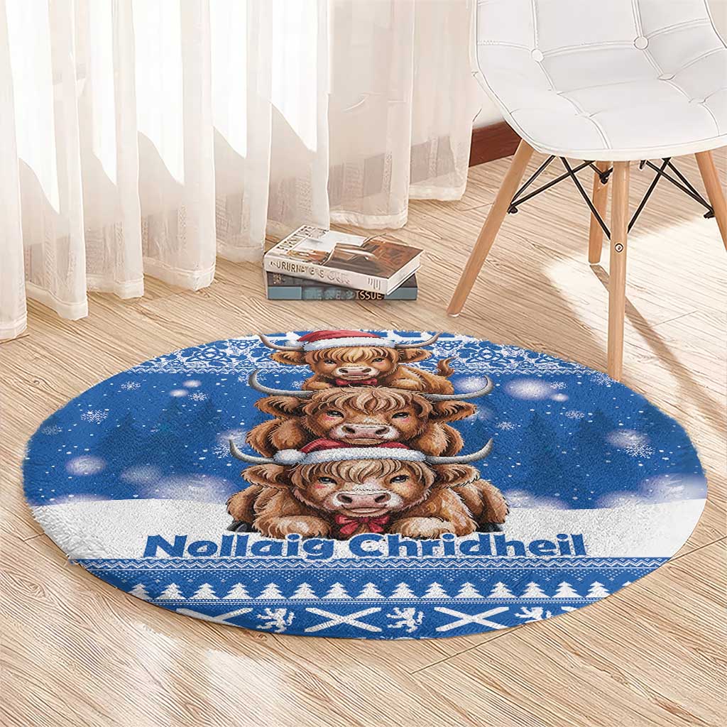 Scotland Highland Cow Christmas Round Carpet Nollaig Chridheil Blue Winter - Wonder Print Shop