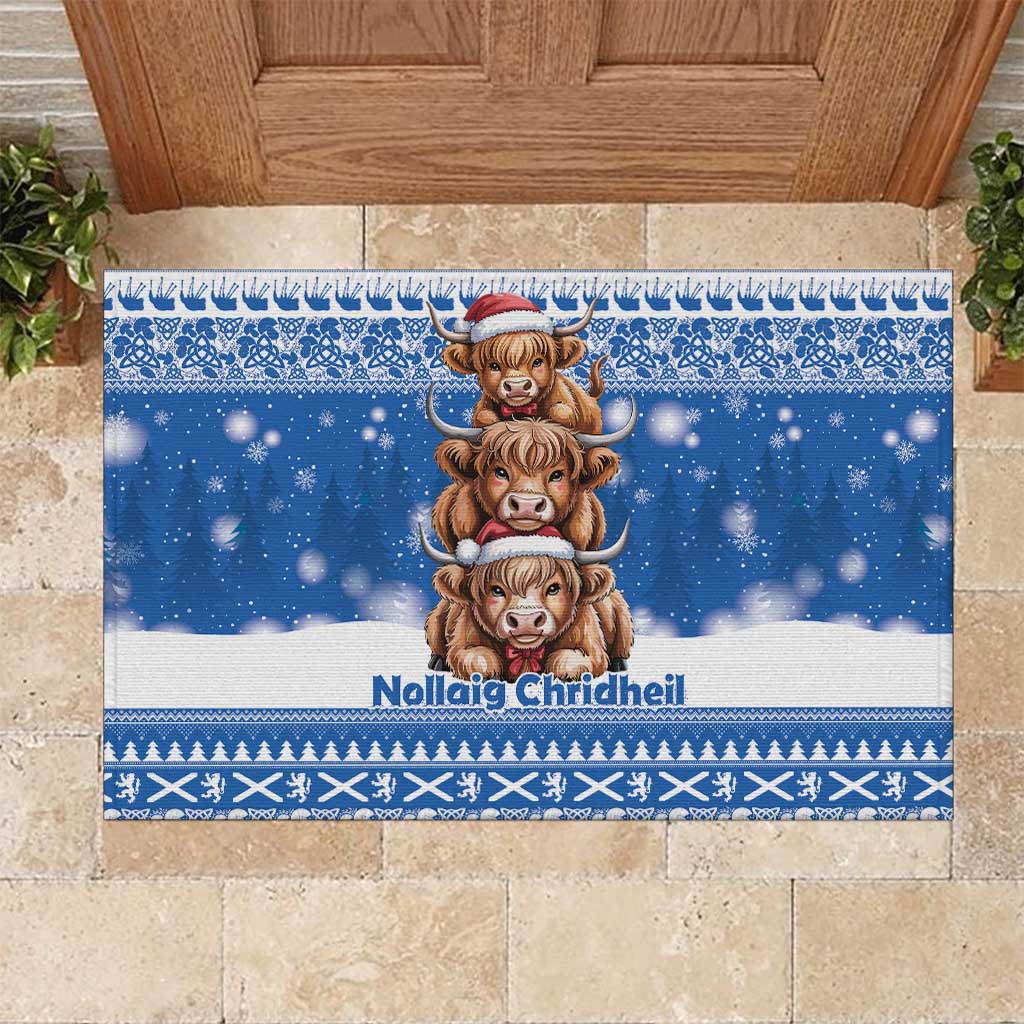 Scotland Highland Cow Christmas Rubber Doormat Nollaig Chridheil Blue Winter - Wonder Print Shop