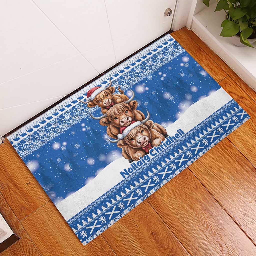 Scotland Highland Cow Christmas Rubber Doormat Nollaig Chridheil Blue Winter - Wonder Print Shop