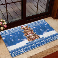 Scotland Highland Cow Christmas Rubber Doormat Nollaig Chridheil Blue Winter - Wonder Print Shop