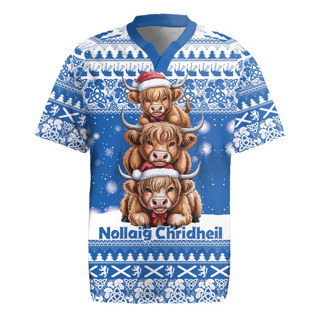 Scotland Highland Cow Christmas Rugby Jersey Nollaig Chridheil Blue Winter - Wonder Print Shop