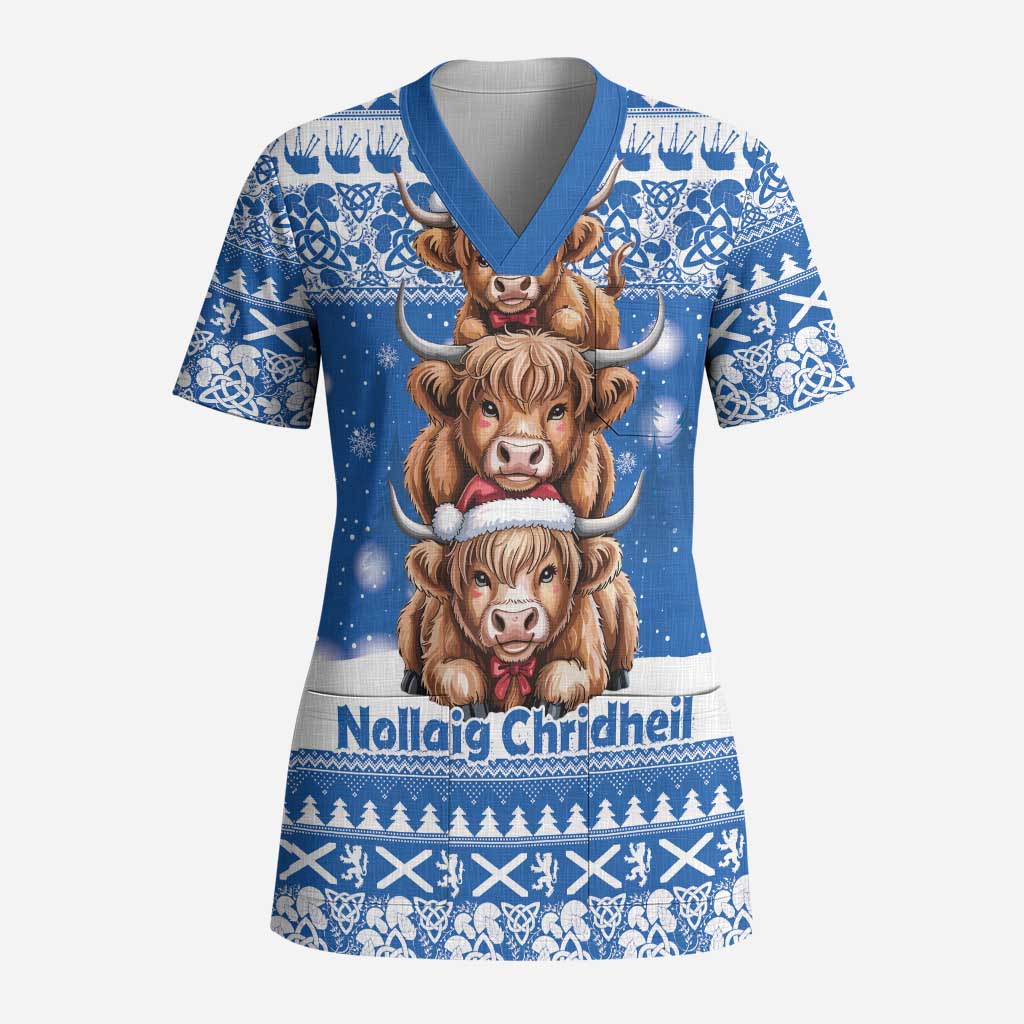 Scotland Highland Cow Christmas Scrub Top Nollaig Chridheil Blue Winter - Wonder Print Shop