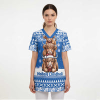 Scotland Highland Cow Christmas Scrub Top Nollaig Chridheil Blue Winter - Wonder Print Shop