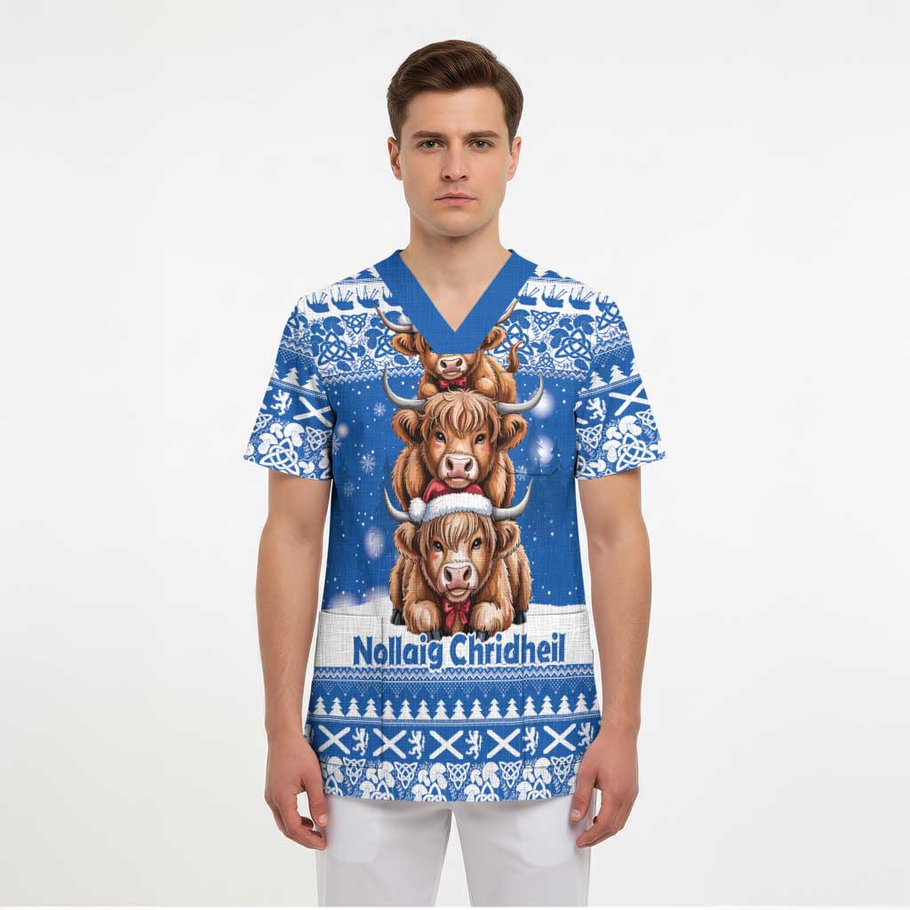 Scotland Highland Cow Christmas Scrub Top Nollaig Chridheil Blue Winter - Wonder Print Shop