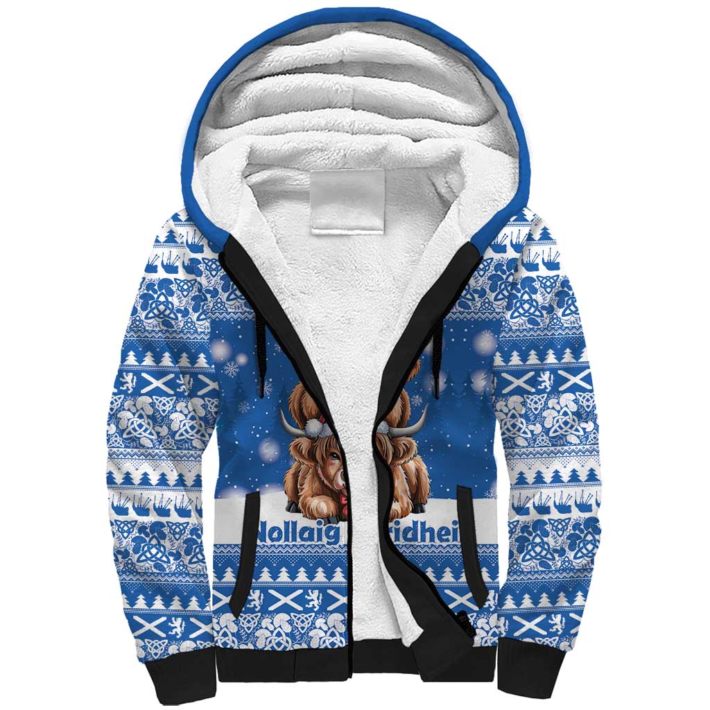 Scotland Highland Cow Christmas Sherpa Hoodie Nollaig Chridheil Blue Winter - Wonder Print Shop