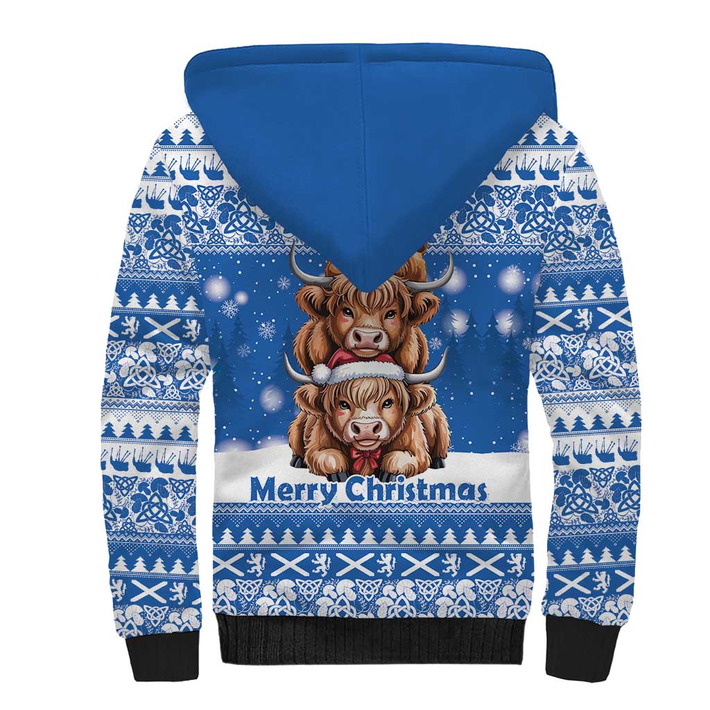 Scotland Highland Cow Christmas Sherpa Hoodie Nollaig Chridheil Blue Winter - Wonder Print Shop