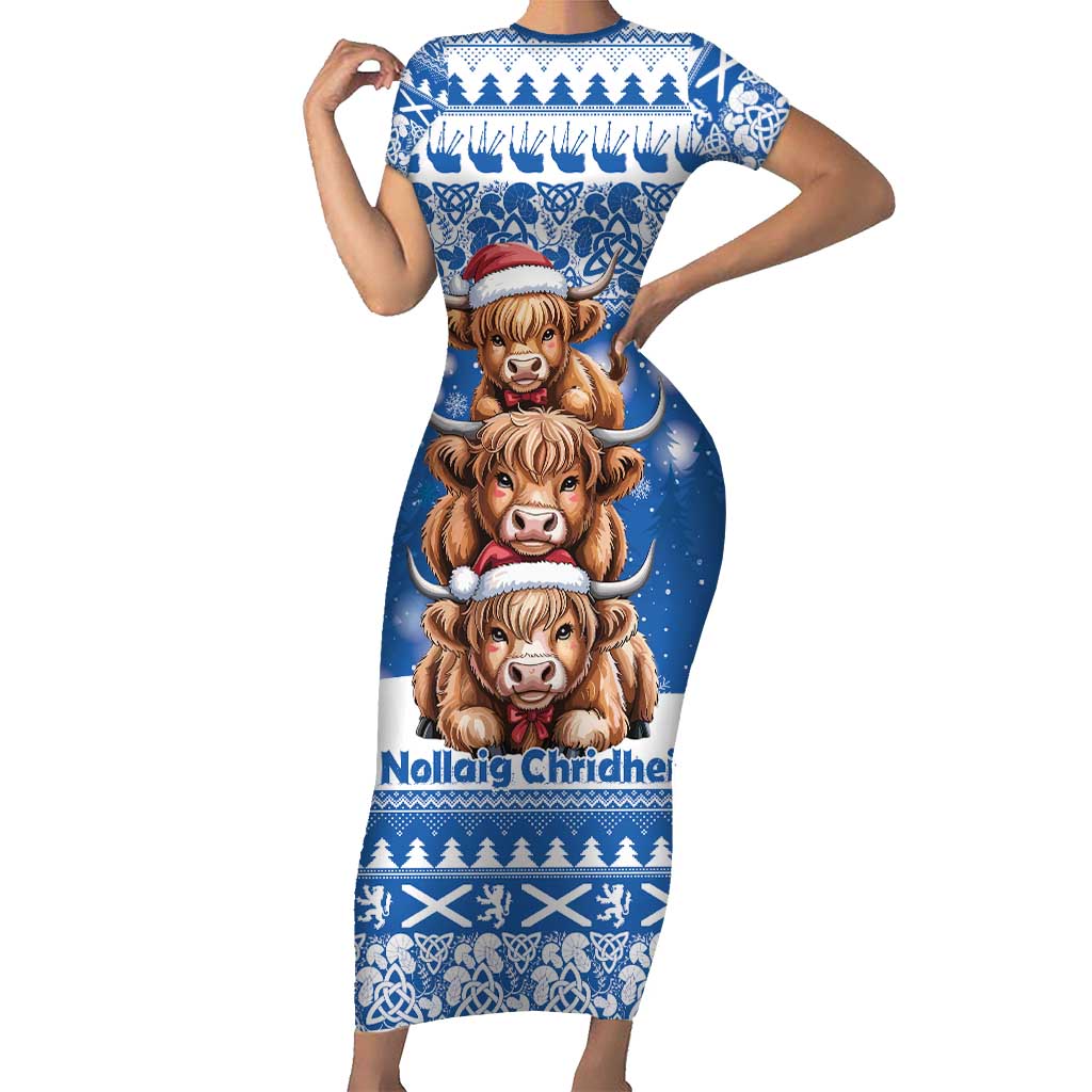 Scotland Highland Cow Christmas Short Sleeve Bodycon Dress Nollaig Chridheil Blue Winter - Wonder Print Shop