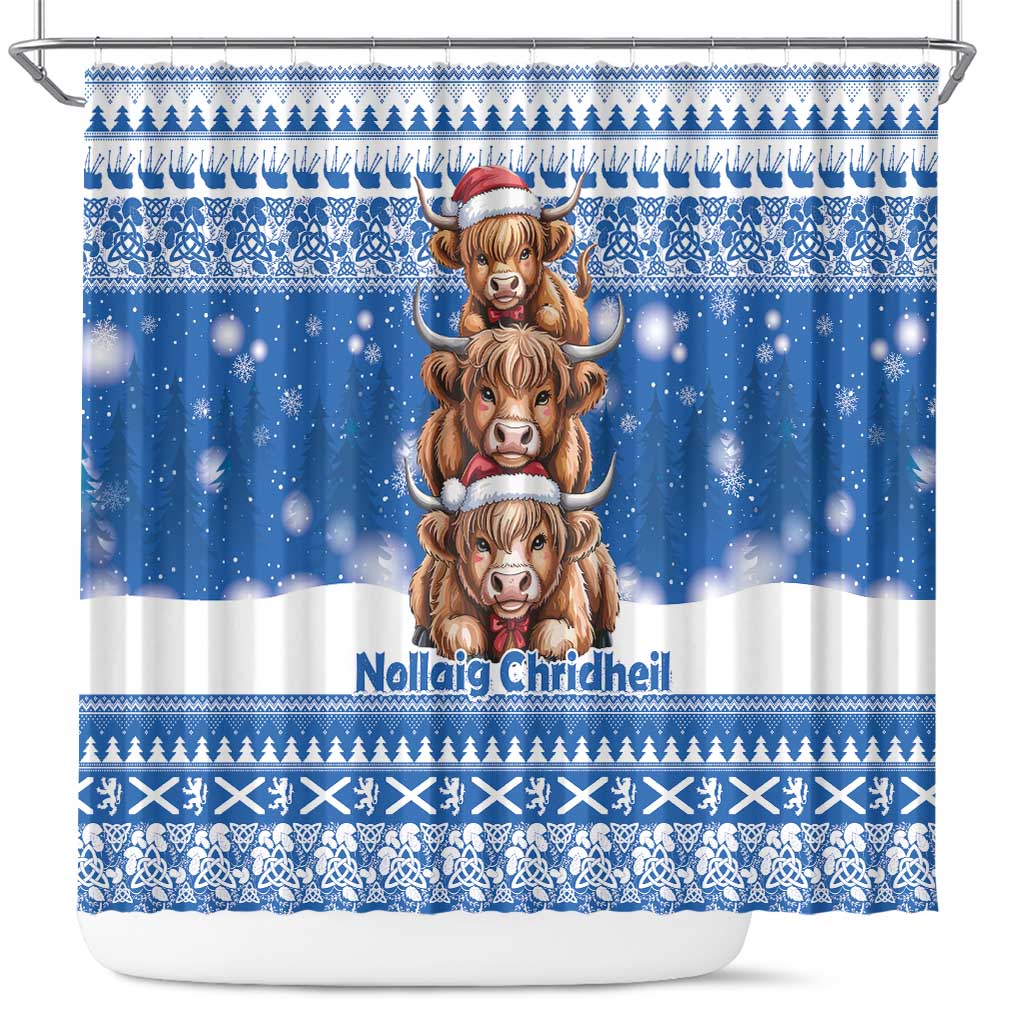 Scotland Highland Cow Christmas Shower Curtain Nollaig Chridheil Blue Winter - Wonder Print Shop